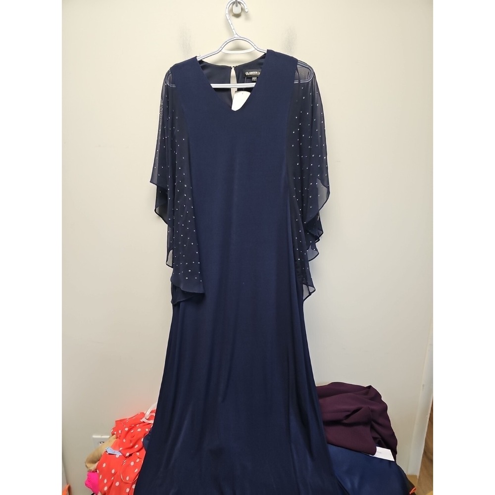 GLAMOUR Women's‎ size 6 DRESS Butterfly Sleeves Sheer Lined Blue Maxi New